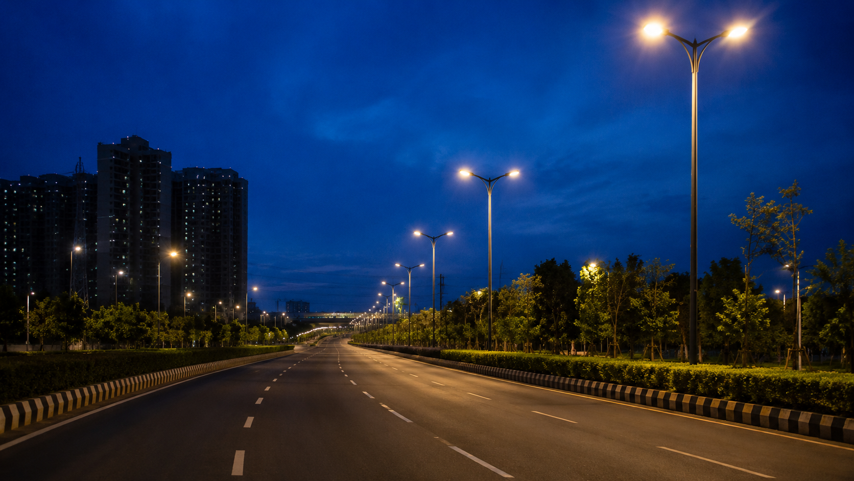 LED street lights illuminating a city road at dusk – LED street lighting buyer guide