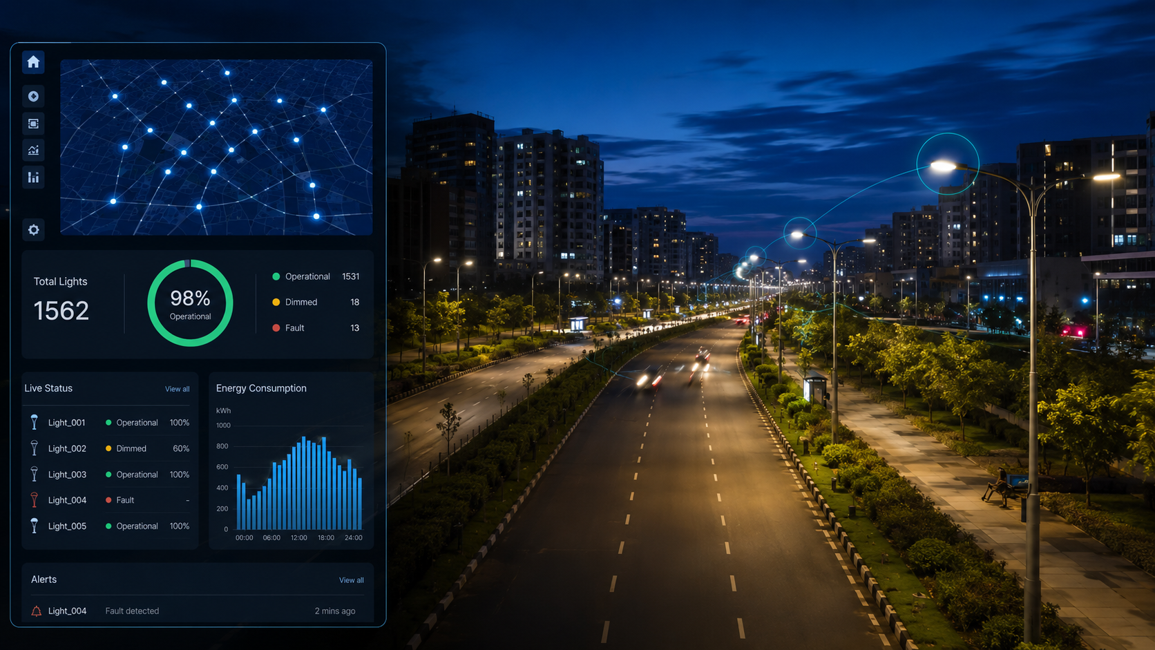 Smart city street with CCMS dashboard showing live light status – CCMS smart lighting