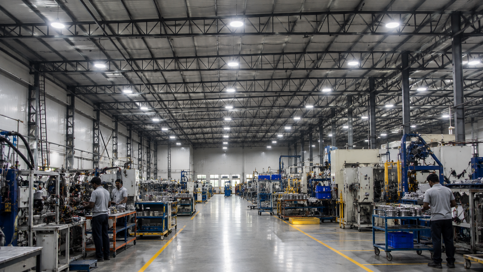 Factory floor evenly lit by LED high bay lights – factory LED lighting
