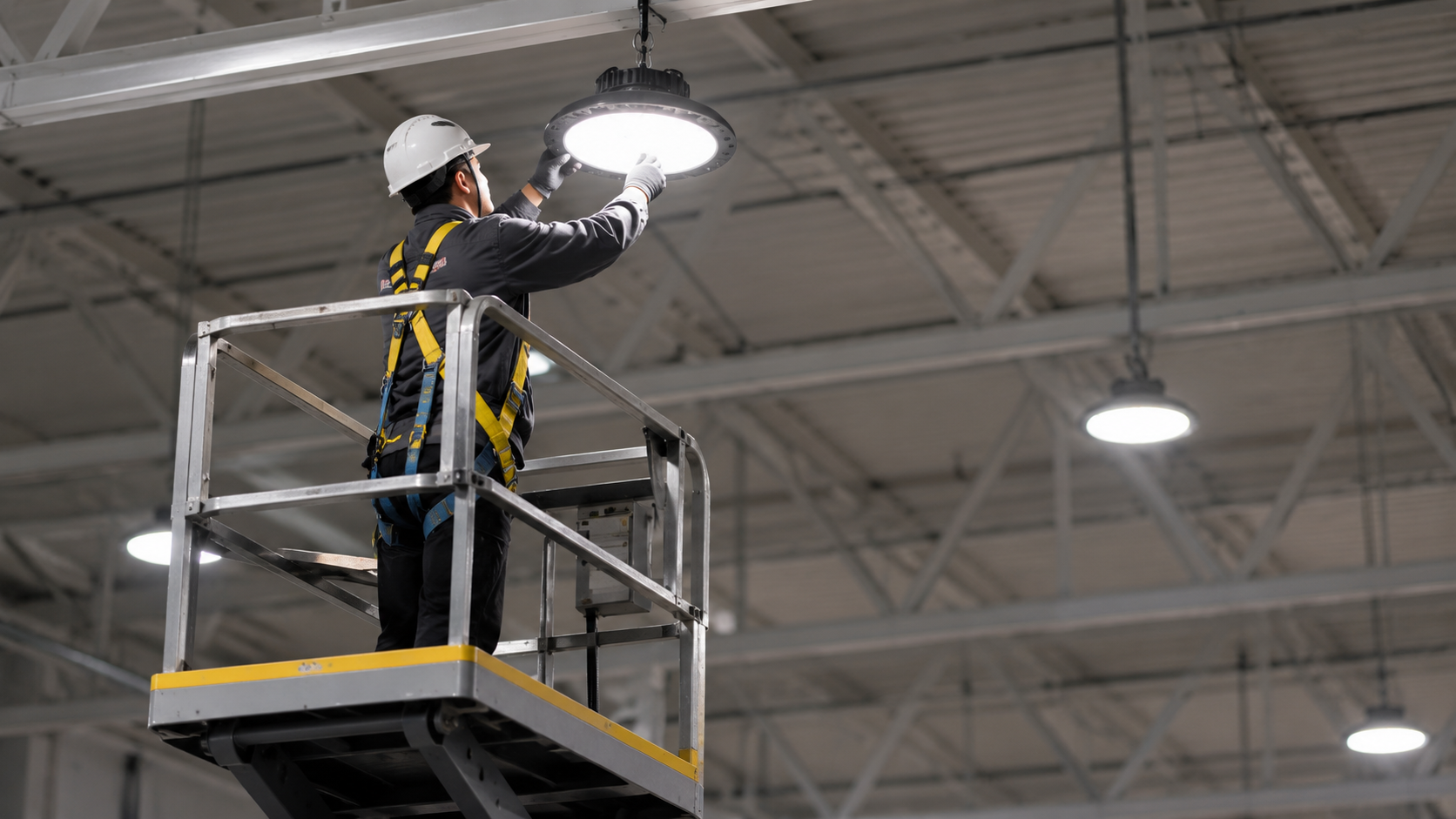 Technician upgrading industrial light fittings to LED in a facility – lighting retrofit