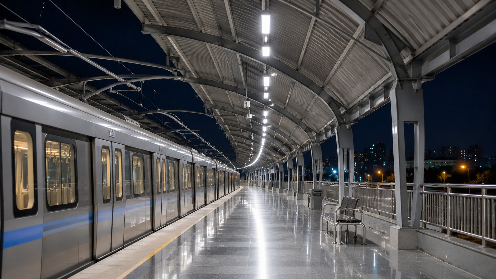 Brightly lit metro station platform with modern LED lighting at night – railway station lighting