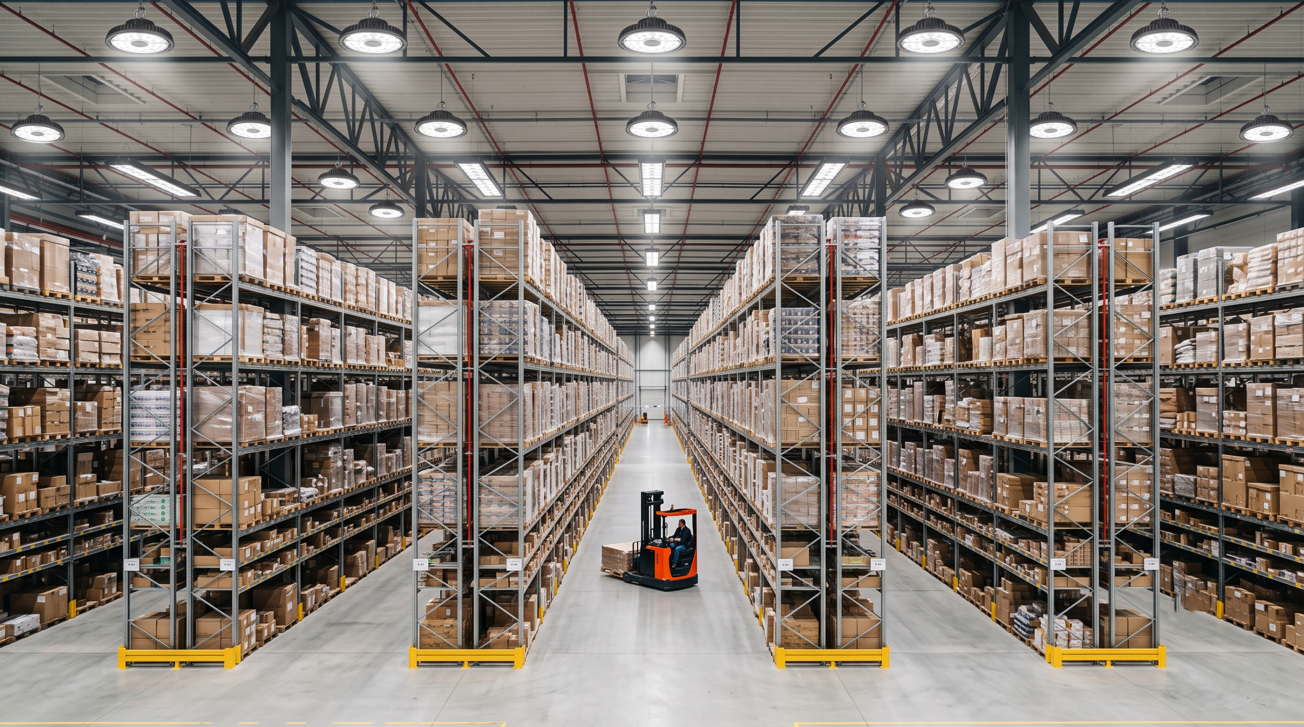 Warehouse interior evenly lit by LED high bay lights – reducing factory lighting costs
