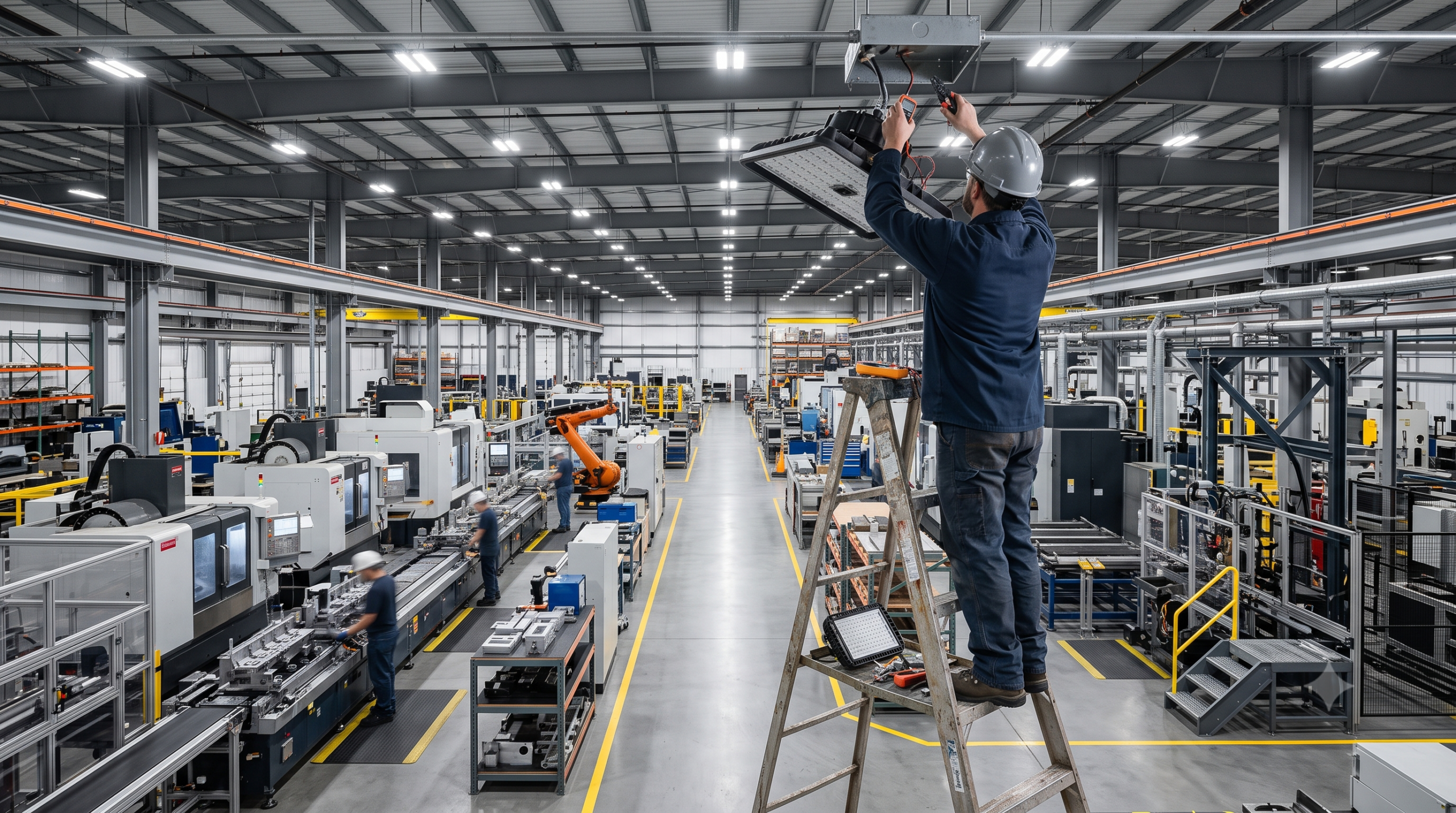 Technician replacing a failed LED fixture showing premature failure – LED lights failing early