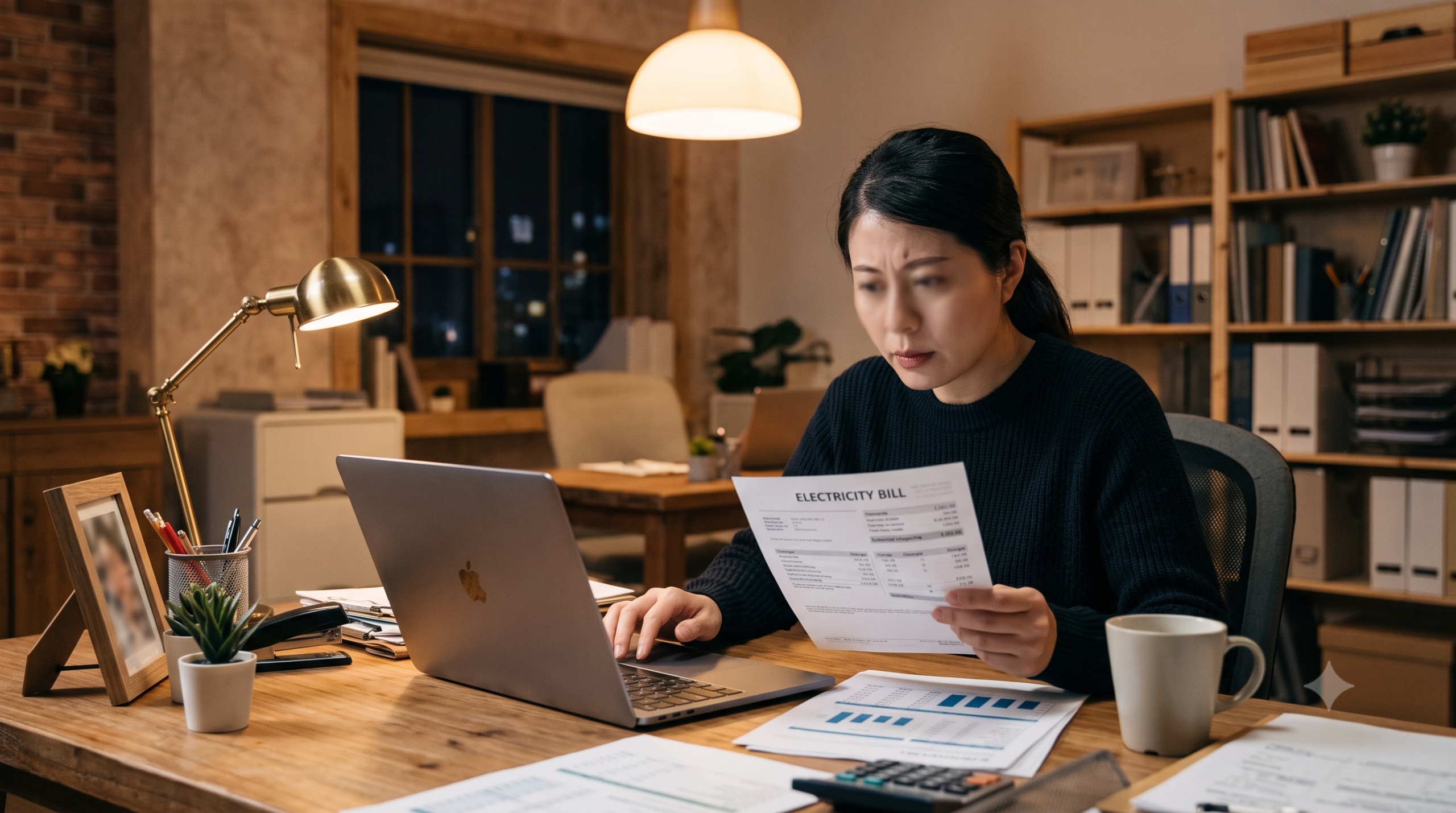 Business owner reviewing a high electricity bill with lighting as a major cost – reduce electricity bill lighting