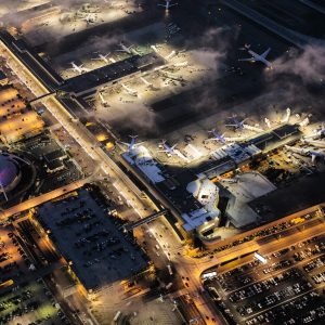 High angle view of airport illuminated at night, Los Angeles, California, USA High angle view of airport illuminated at night, Los Angeles, California, USA